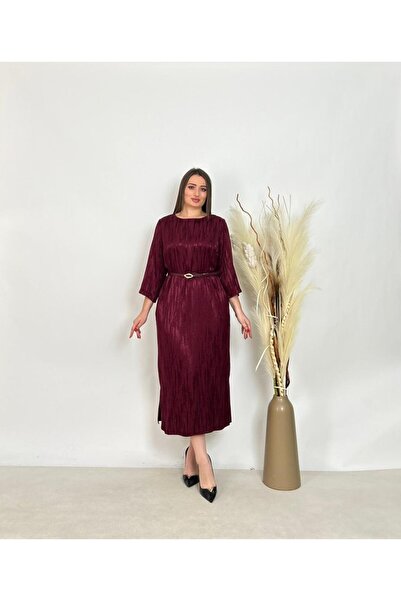 DE WHITES Plus Size Belted Self-Patterned Dress