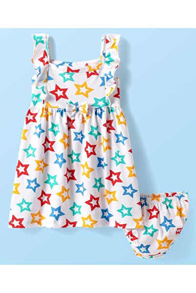Babyhug Frock With Star Print & Bloomer - White