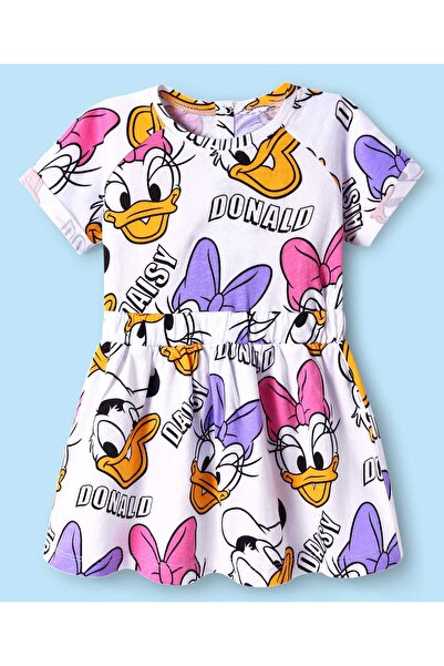 Babyhug Disney فستان نصف كم من نسيج جيرسي مفرد مزين بطبعة بطة ديزي - أبيض