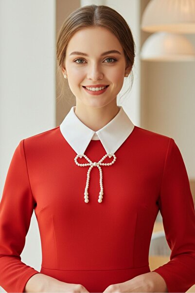 Uretti - Sümeyya 2589 5693 Handmade Bow Model White Mobile Collar Pearl Choke...