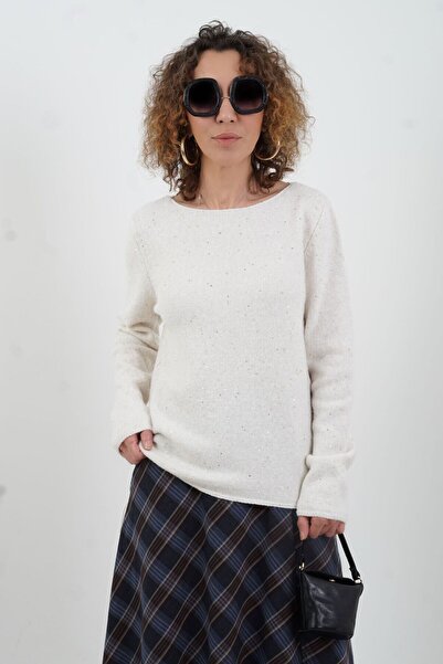 Zelish My Sister Krem Kayık Yaka Pullu Simli Triko Kazak