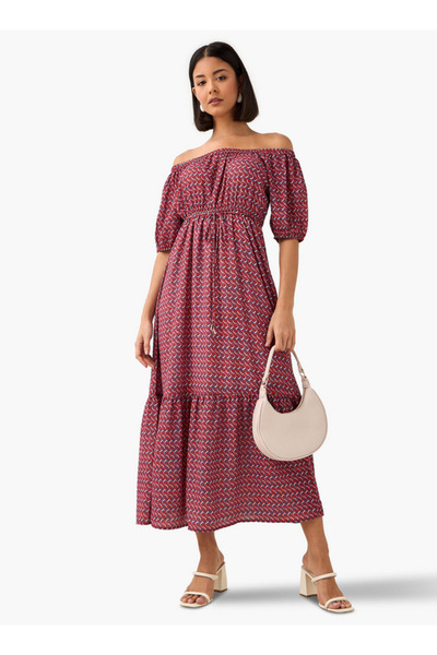 FAV Geometric Print Off Shoulder Women Dress with Tie-Ups