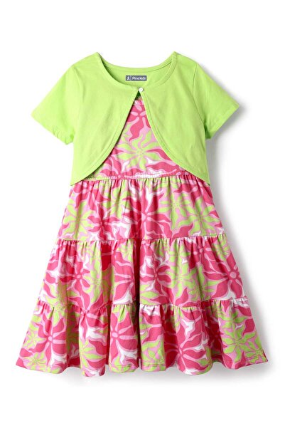 Pine kids فستان من القطن المحبوك وسترة قصيرة الأكمام بنقشة زهور - متعدد الألوان