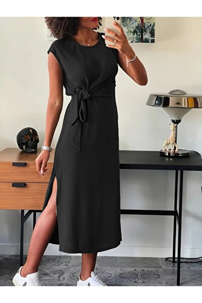 UP TREND COLLECTION فستان نسائي بأكمام قصيرة ورقبة دائرية وخصر برباط أمامي شق...