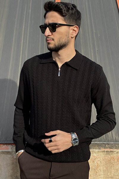 inpool Bărbați, guler polo, cu fermoar, din material subțire detalii, Old Money Culture, amestec de lână, pulover PLTK20