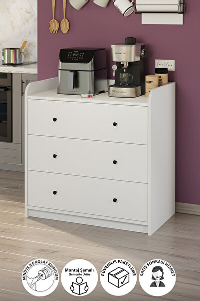 Bofigo 3 Çekmeceli Dolap 6 Bölmeli Çok Amaçlı Dolap Mutfak Dolabı Kahve Köşesi Begüm Beyaz