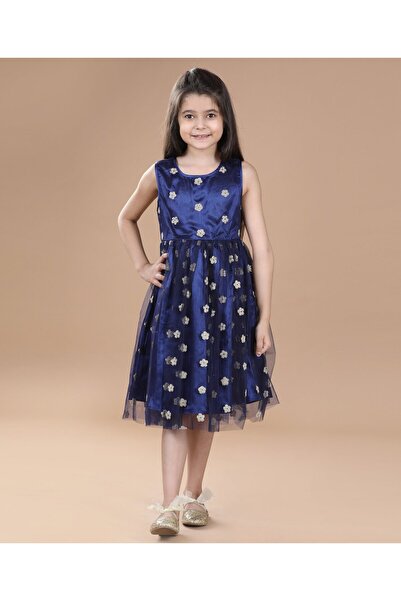 Hola Bonita Tulle Overlay Dress with Golden Floral Embroidery - Navy Blue