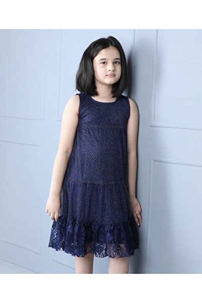 Hola Bonita Glitter Dress with Lace Ruffle Hem - Navy Blue