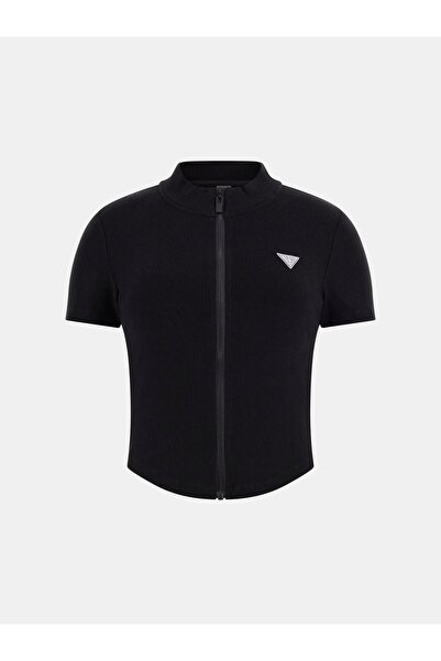 Guess V5GP25KCRS2JBLK CROCUS ZIP TEE Siyah Polo Yaka Standart Desenli Kadın T-Shirt