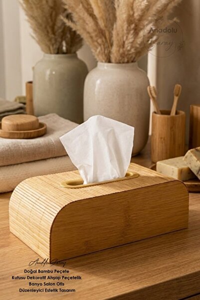 Anadolu Saray Doğal Bambu Peçete Kutusu Dekoratif Ahşap Peçetelik Banyo Salon...