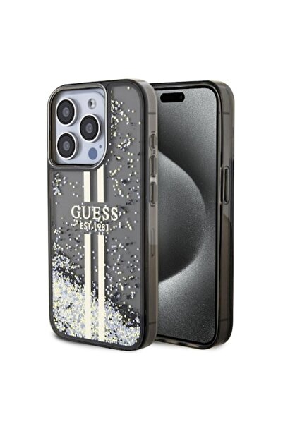 Guess Liquid Glitter Gold Stripe Case compatible with iPhone 15 Pro Black