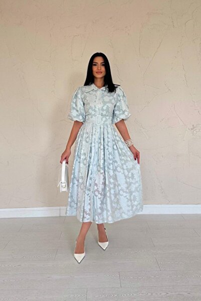 UP TREND COLLECTION فستان بأكمام بالونية وحزام نعناعي