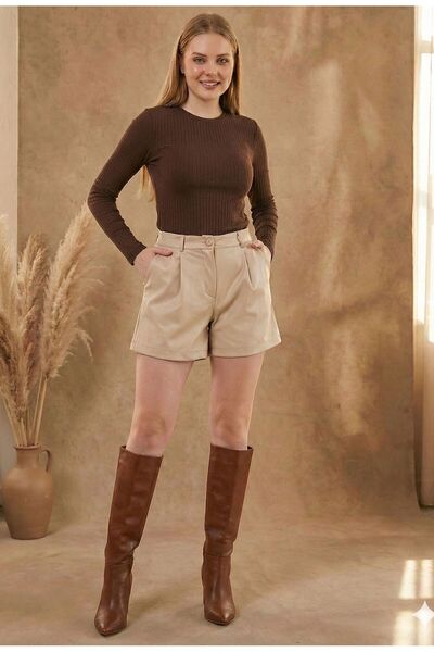 LEY COLLECTİON Kadın Şort Suni Deri Yüksek Bel Rahat Kalıp Deri Şort