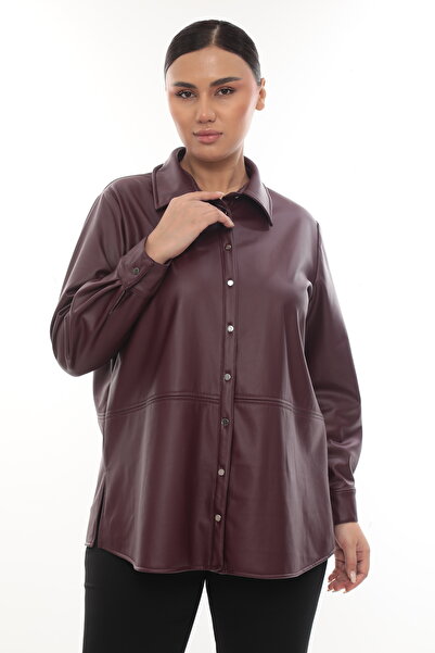 KİFAYET Büyük Beden (50-56) Modern Deri Görünümlü Gömlek Yaka Günlük Kadın Ceket