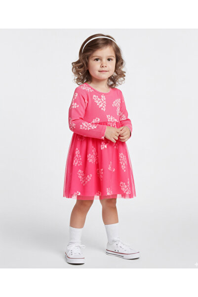 Bonfino Hearts Printed Full Sleeves Dress with Mesh - Pink