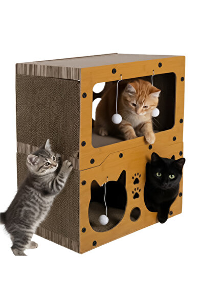 zola 3-in-1 fish house, 2 levels, scratching area, 4 toys, HDF, cardboard, 51.5 x 45.5 x 28 cm, brown