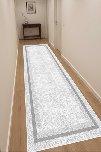 VOPTEKS Gri Beyaz Yolluk Makinede Yıkanabilir Halı Kaymaz Taban Halı