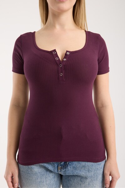 G-FOX Women's Corded Fabric Ribbed Knit Patch Snap Button Short Sleeve Fitted Cotton T-Shirt 6001