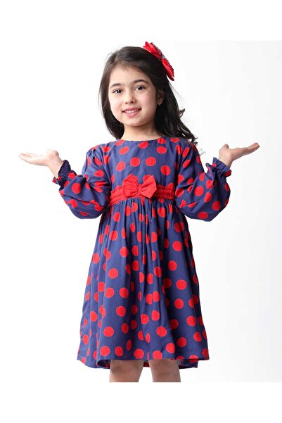 Babyhug Cotton Knit Full Peasant Sleeves Frock With Polka Dot Print & Bow Applique - Navy Blue