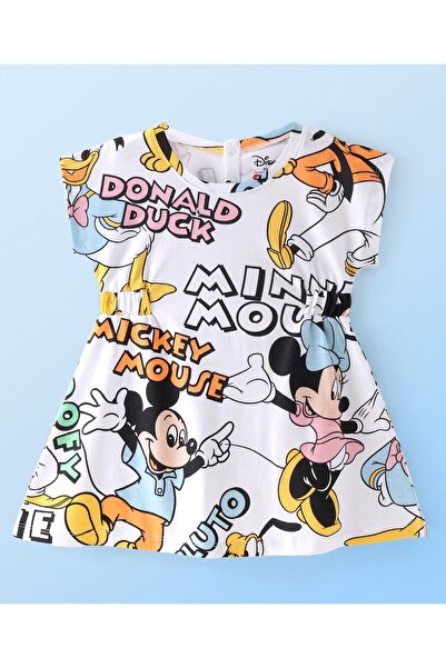 Babyhug Disney فساتين قطنية بنصف كم مزينة بطبعة ميكي ماوس وأصدقائه - أبيض