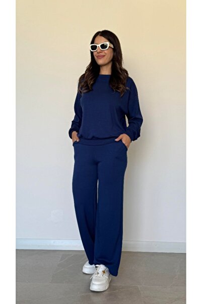 Meleners المرأة طويلة الأكمام طاقم الرقبة فسكوزي اثنين من الغزل بلوزة وبنطلون بدلة مزدوجة