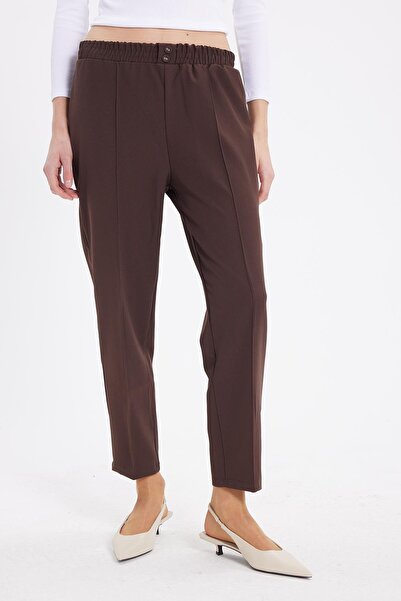 Tudors Women's Relax Fit Comfortable Cut High Waist Straight Leg Elastic Waist Dark Brown Trousers
