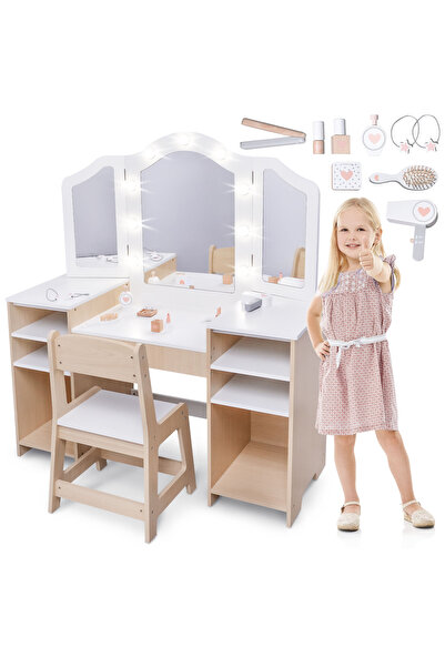 mamabrum Măsuță de toaletă pentru copii din lemn cu scaun, accesorii și ilumi...
