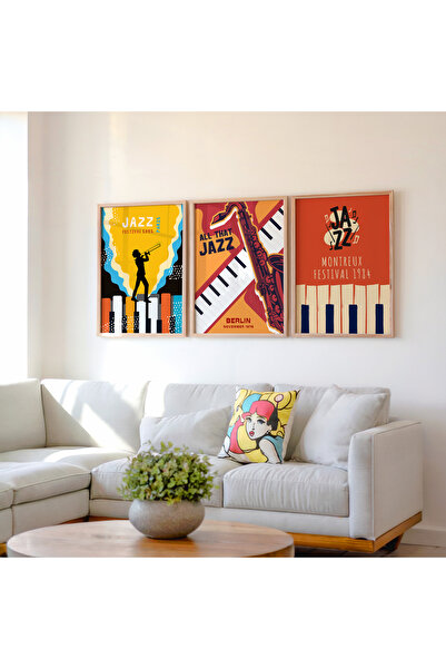 İkona Design Studio Jazz Müzik Temalı Ahşap Çerçeveli 3'lü Poster Tablo Seti ...