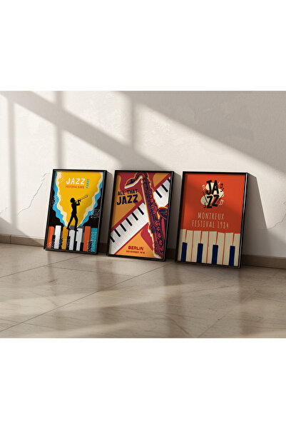 İkona Design Studio Jazz Müzik Temalı Siyah Ahşap Çerçeveli 3'lü Poster Tablo...