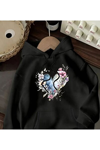herkesemoda cu glugă Hanorac cu imprimeu cu inimă și flori