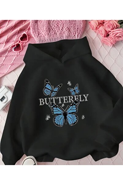 herkesemoda سويت شيرت بغطاء رأس بتفاصيل طباعة الفراشة من باتريلي