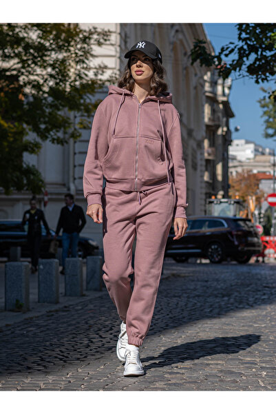 Divin store Trening dama roz pudra din bumbac flausat cu fermuar Emilia