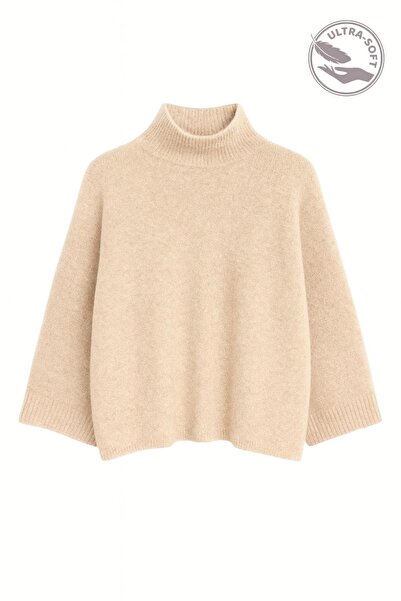 Mixray 6998 Women's Batwing Sleeve Wool Blend Turtleneck Knit Sweater Stone