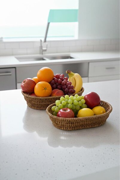 Atbyhome Set of 2 Rattan-Look Plastic Woven Bread and Presentation Baskets, Large and Small Sizes