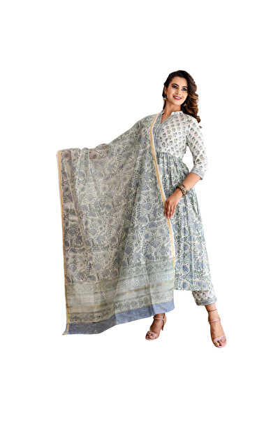 MYSMAR White Rayon Salwar Kameez & Dupatta Set - ALV1170 | White