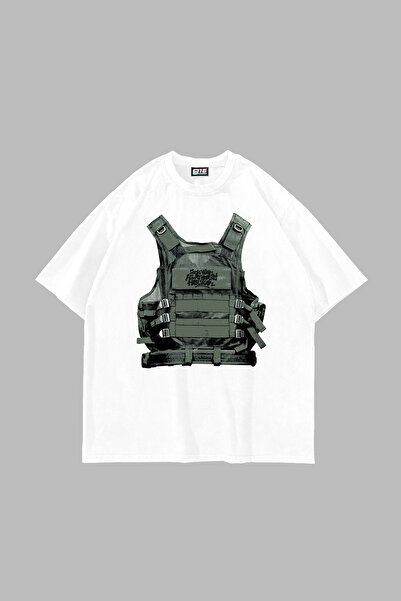 Bak Moda تي شيرت F*ck War مطبوع قصة فضفاضة للجنسين باللون الأبيض