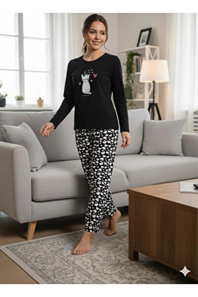 PİJALİNA TOPTAN PERAKENDE VE ONLİNE TEKSTİL Set de pijamale elastice din bumbac 100% piese cu mâneci lungi pentru femei – țesătură spirală, îmbrăcăminte de acasă cu model