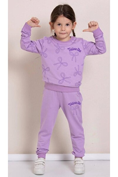 pop fashion girls Bow Panel Printed Purple Girls' Tracksuit Set