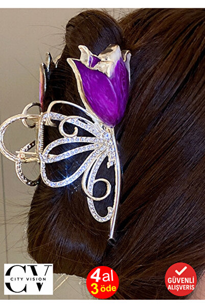 cityvision Agrafă de păr model lalele mov și fluturi – Agrafă elegantă din me...