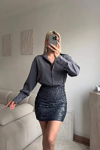 MOZENA Pul Payet Etekli Mini Gömlek Elbise