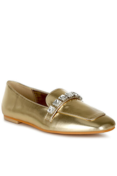 london Rag Women Metallic Diamante Strap Loafers in Gold