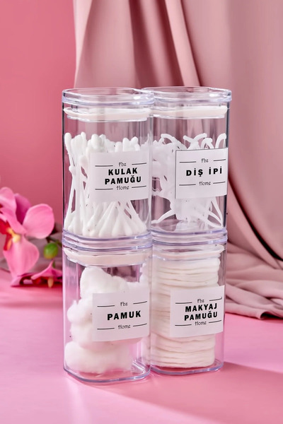 Tasarım Evi Set de baie din 4 bucăți din acrilic acoperit transparent și bumbac pentru urechi și bumbac și machiaj