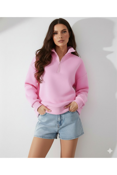 BY CAESAR سويت شيرت نسائي مسطح ياقة مرتفعة متوسطة الطول