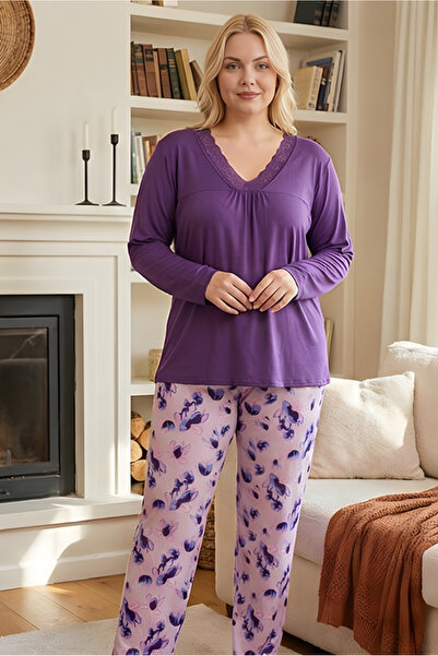 MORRO Women's Oversized V-Neck Lace Trim Long Sleeve Pajama Set - Plus Size Relaxed Fit Loungewear