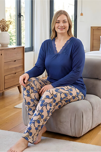 MORRO Women's Oversized V-Neck Lace Trim Long Sleeve Pajama Set - Plus Size Relaxed Fit Loungewear