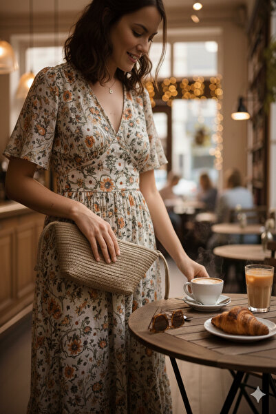 Bestchoice Rattan Görünümlü Hasır Kumaş El Çantası Yandan Tutma