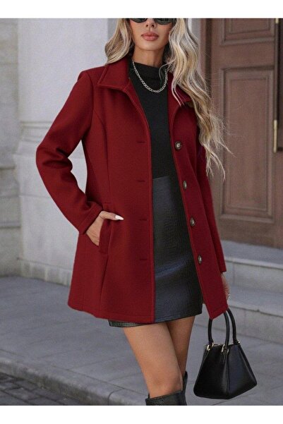 Kokosh moda Kadın Önden Düğmeli Uzun Kollu Şık İthal Kaşe Kaban