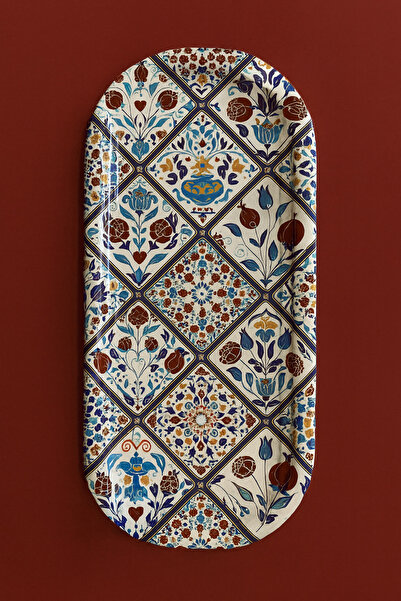 ATAGİFT HEDİYELİK Iznik Patterned Metal Tray |   Decorative Presentation Tray |   Ottoman Motif Oval Tray 16X35 cm