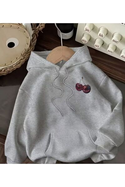 herkesemoda Hanorac cu glugă cu imprimeu de cireșe pe piept