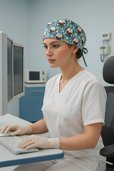 Lion Üniforma Pug Köpek Desenli Cerrahi Bone Unisex – Likralı Doktor Hemşire ...